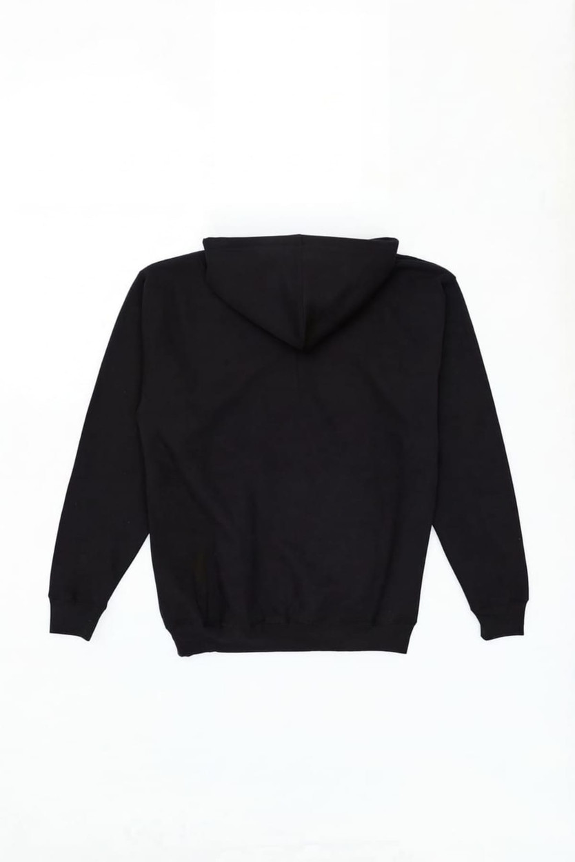 A black hoodie with a hood and long sleeves, featuring a simple design and no visible branding.