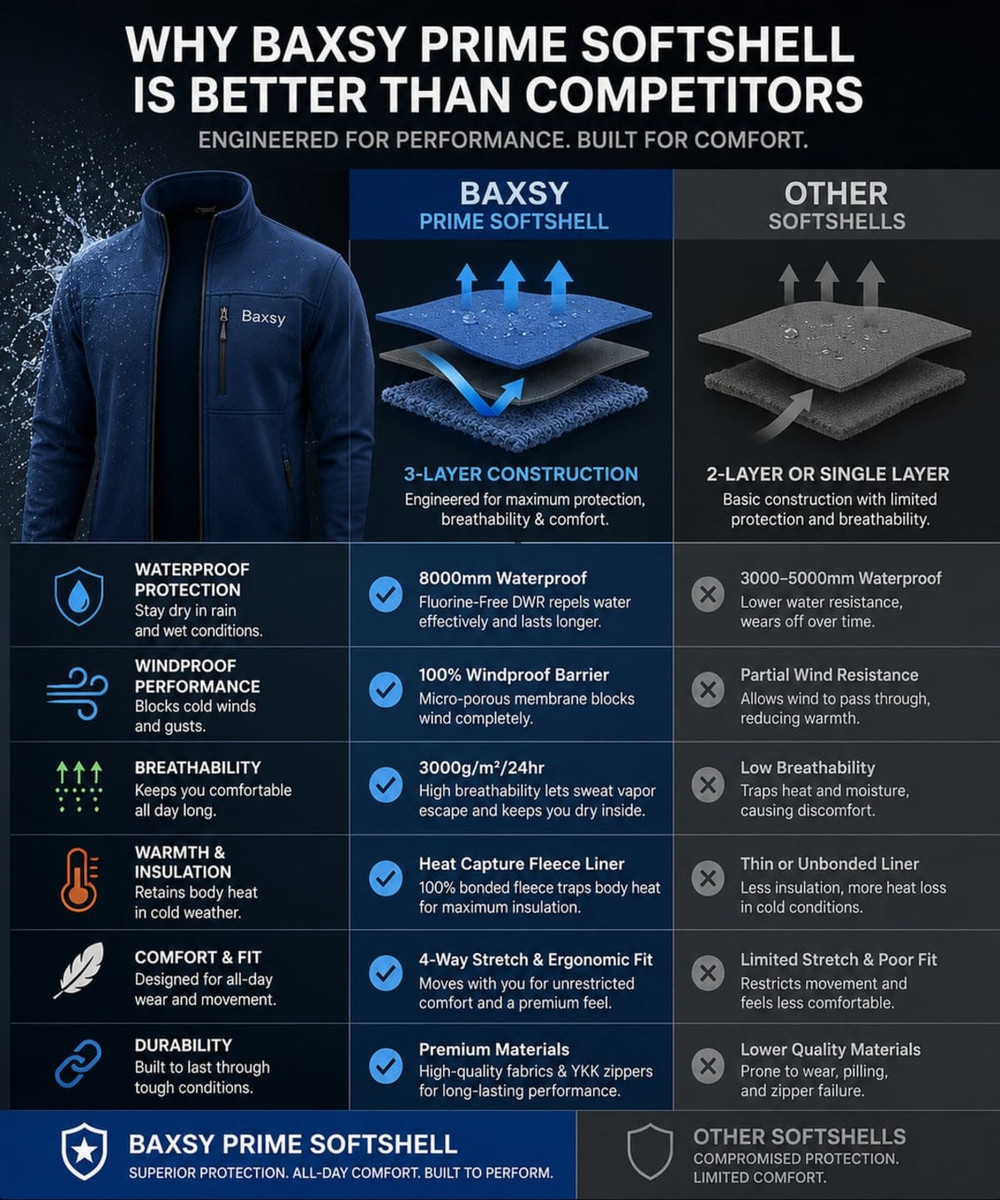 A promotional image featuring the Prime Softshell Jacket in a dark blue colour with a logo, highlighting product features.