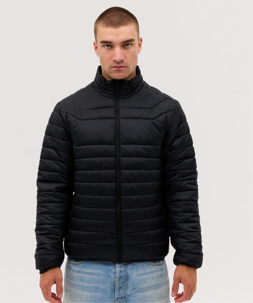 A black puffer jacket featuring a zip front and a high collar, displayed against a neutral background.