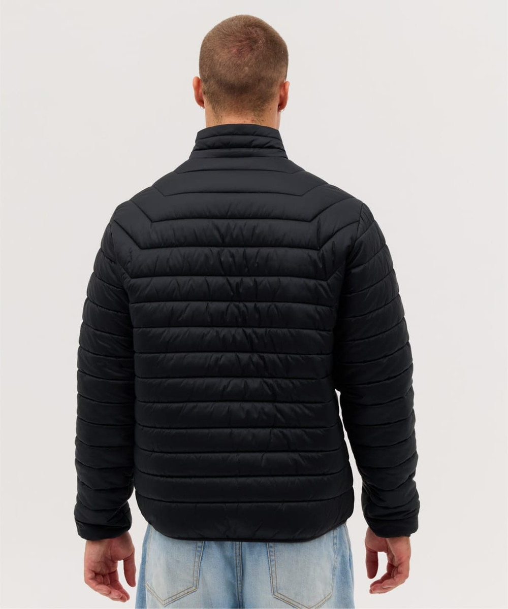 A black puffer jacket with a quilted design, featuring a high collar and fitted silhouette, viewed from the back.