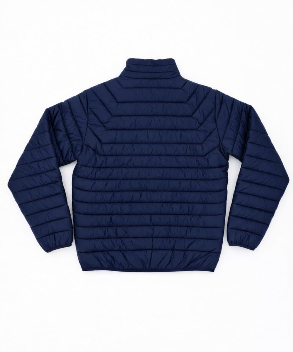 A navy puffer jacket with a high collar and quilted design, featuring a logo on the back.