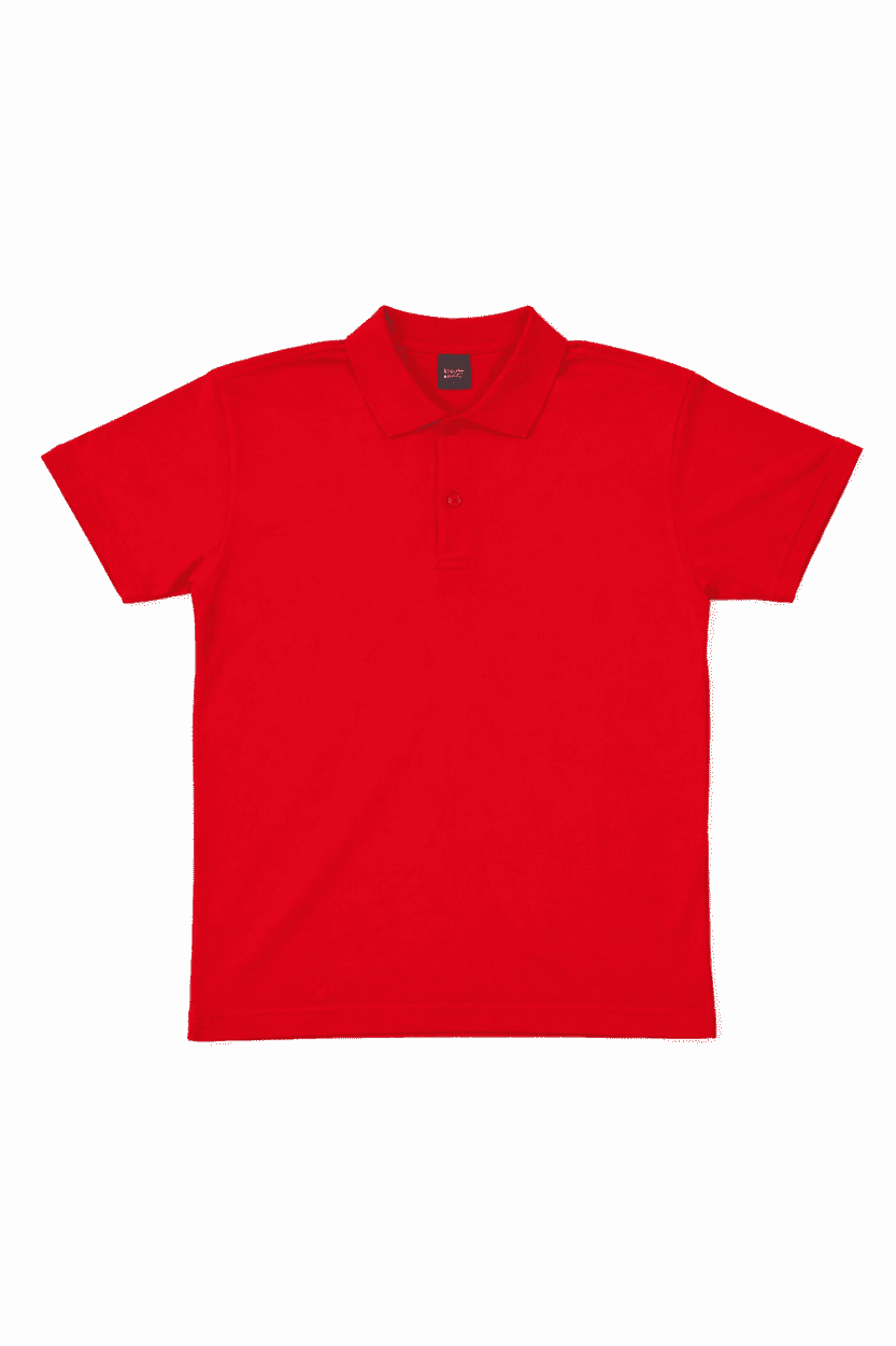 A red polo shirt with a collar, featuring a logo on the front. It has short sleeves and a classic design.