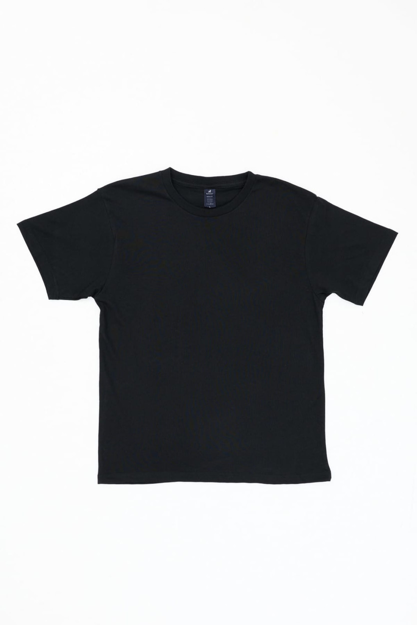 A black t-shirt featuring a simple design and a tag inside the collar. The shirt is displayed flat.