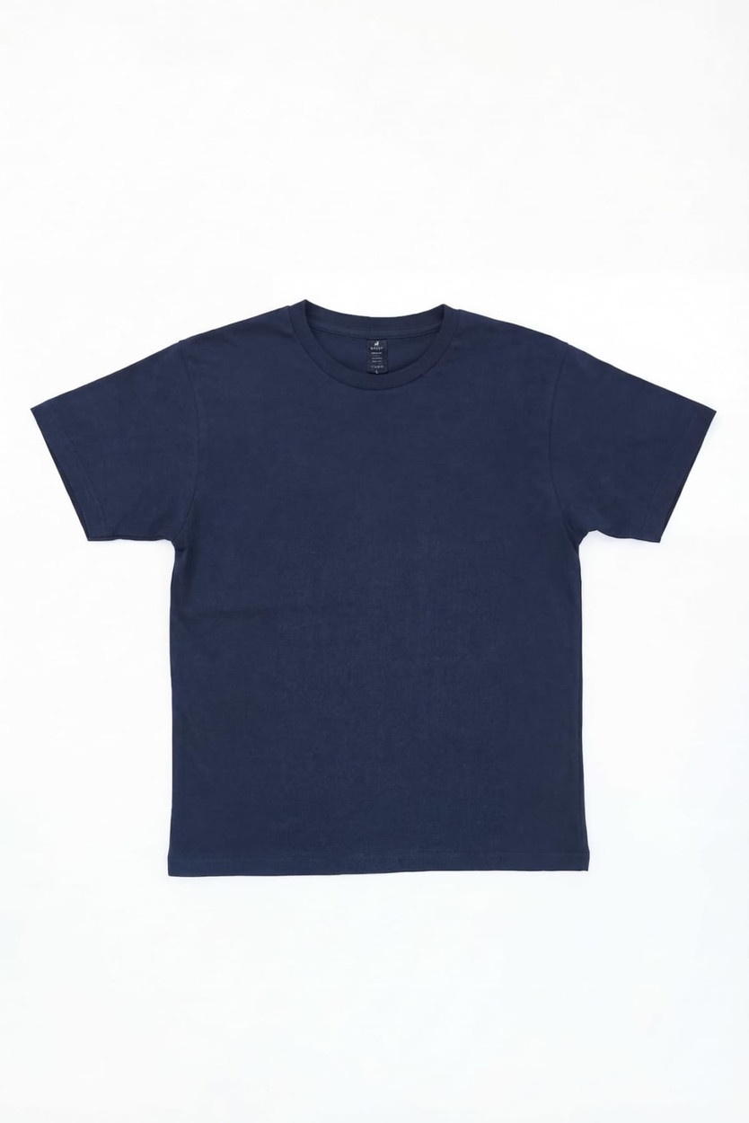 A navy blue T-shirt featuring short sleeves and a crew neckline. It has a branding logo on the inside label.