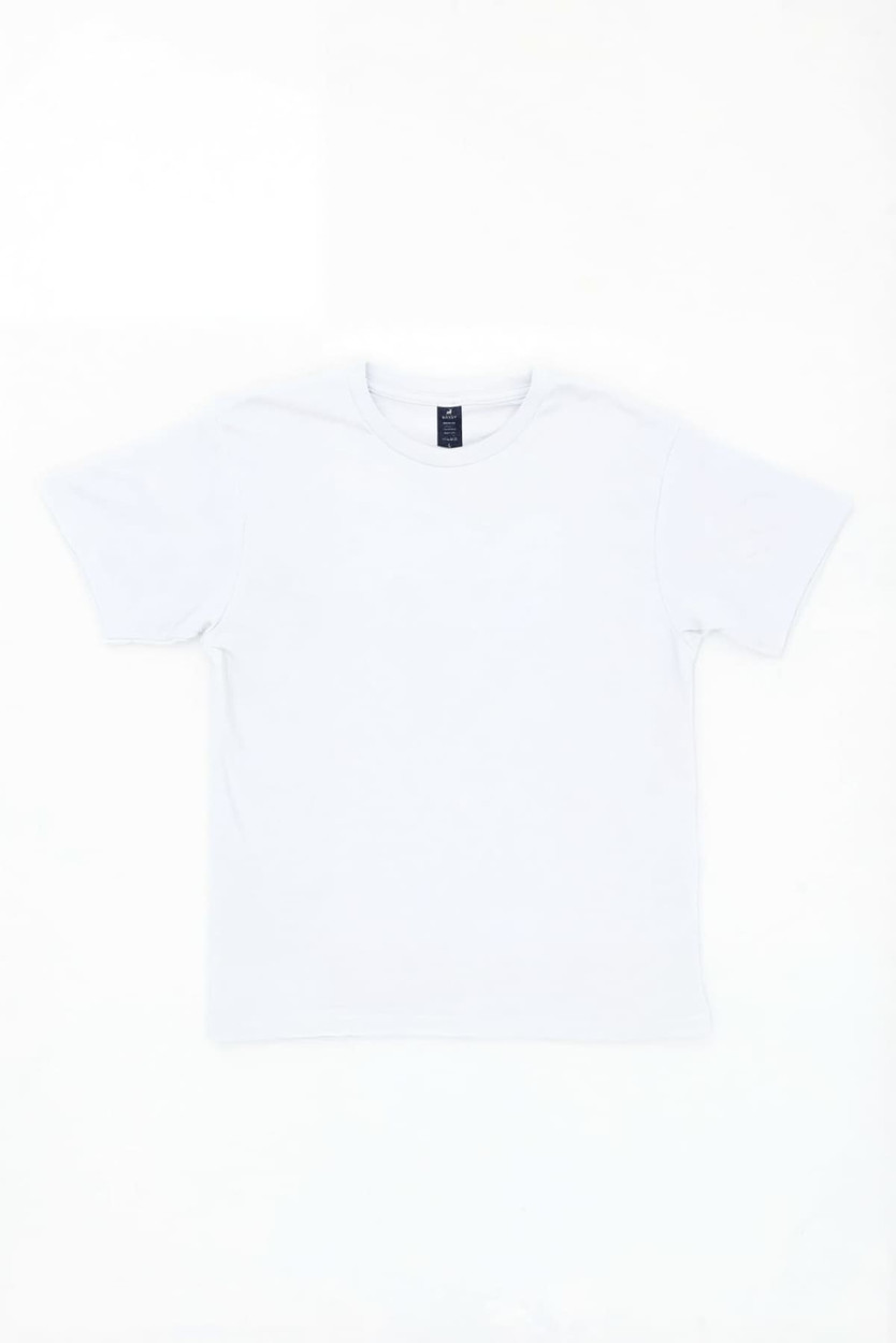 A plain white T-shirt featuring short sleeves and a label at the neck.