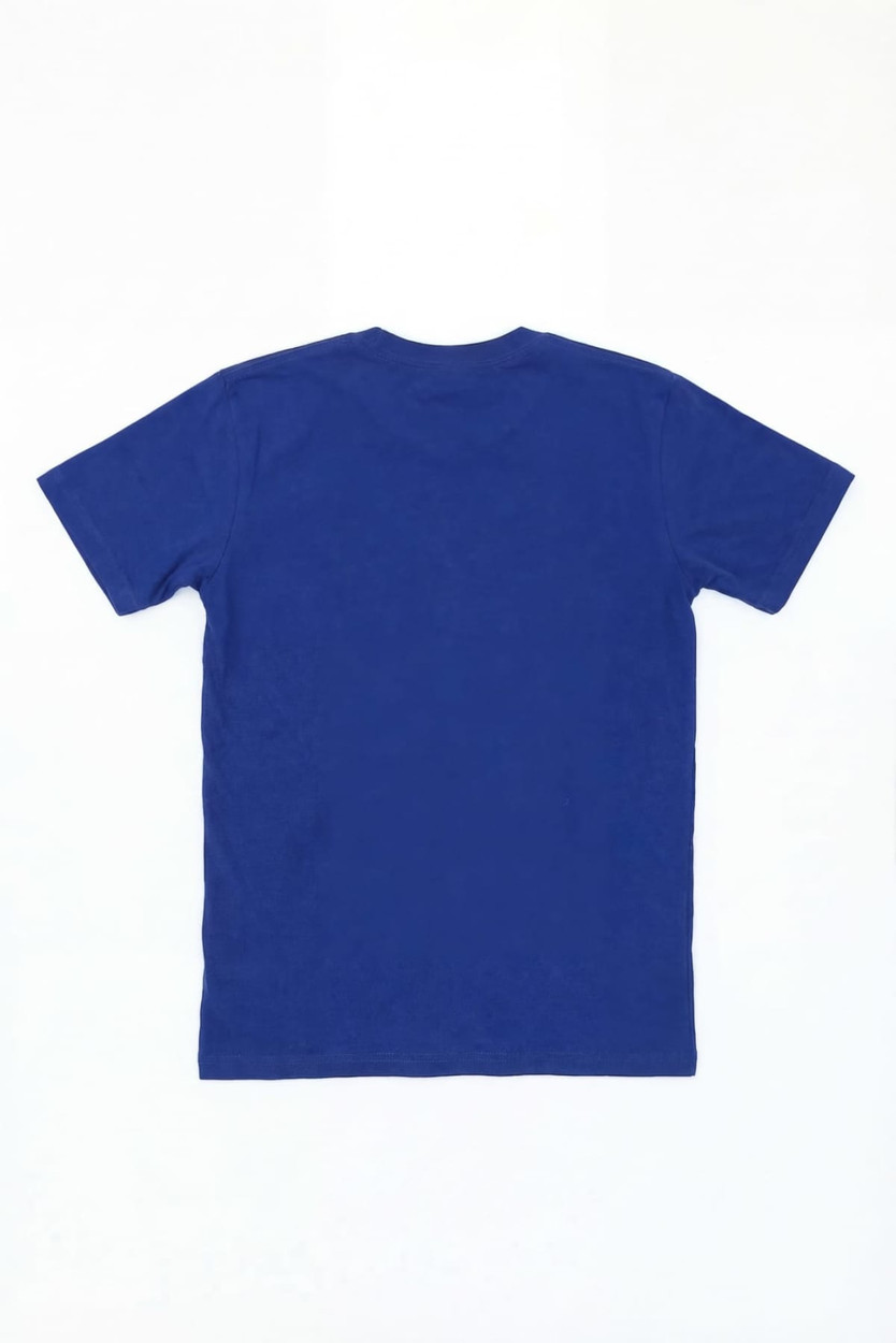 A blue t-shirt with short sleeves, view from the back, featuring a logo.