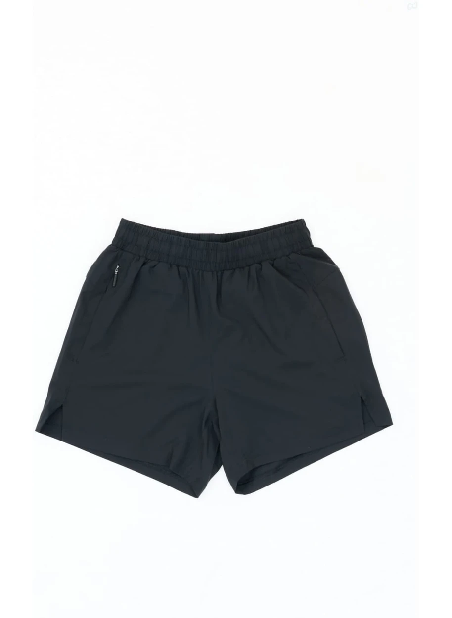 A pair of black running shorts featuring an elastic waistband and side pockets. The shorts have a logo branding.