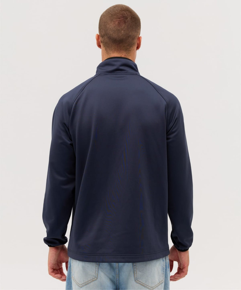 A navy soft shell jacket with a high collar, featuring a simple design and no visible logos, viewed from the back.
