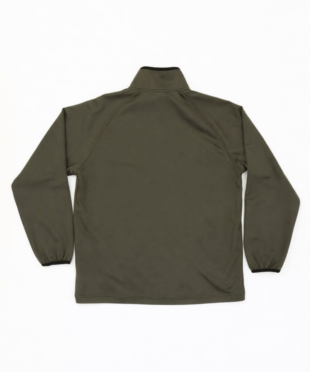 A soft shell jacket in olive green with a high collar and elastic cuffs, featuring a logo on the back.