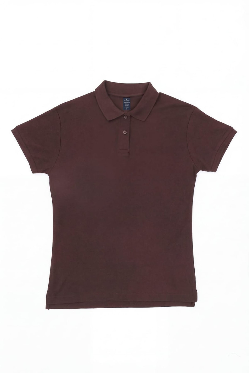 A maroon women's polo shirt with a classic collar and short sleeves. It features a logo on the chest.