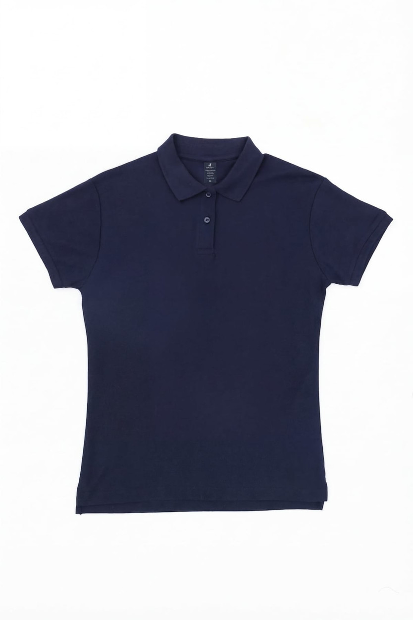 A navy women's polo shirt featuring a classic collar and short sleeves, with a logo on the chest.