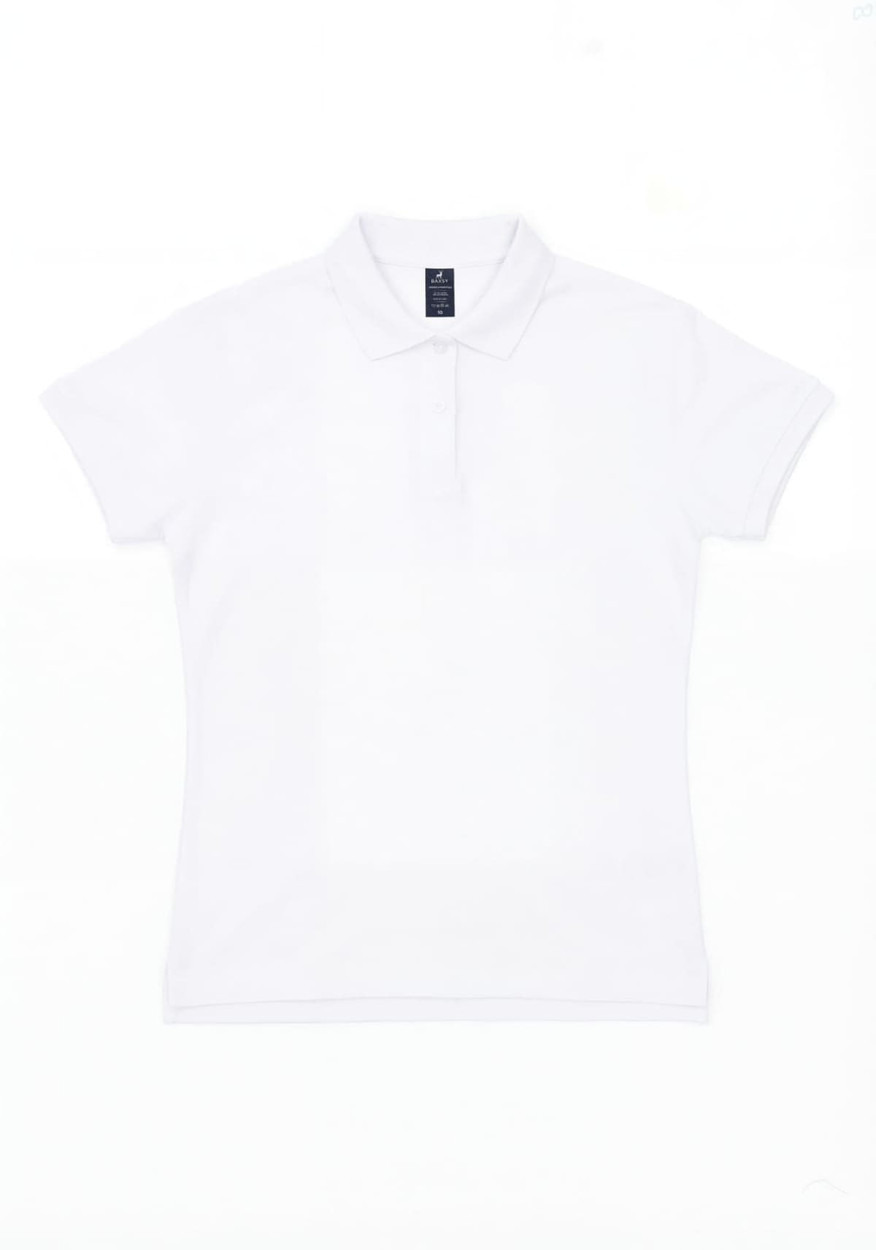 A white women's polo shirt with short sleeves and a collar, featuring a branding label.