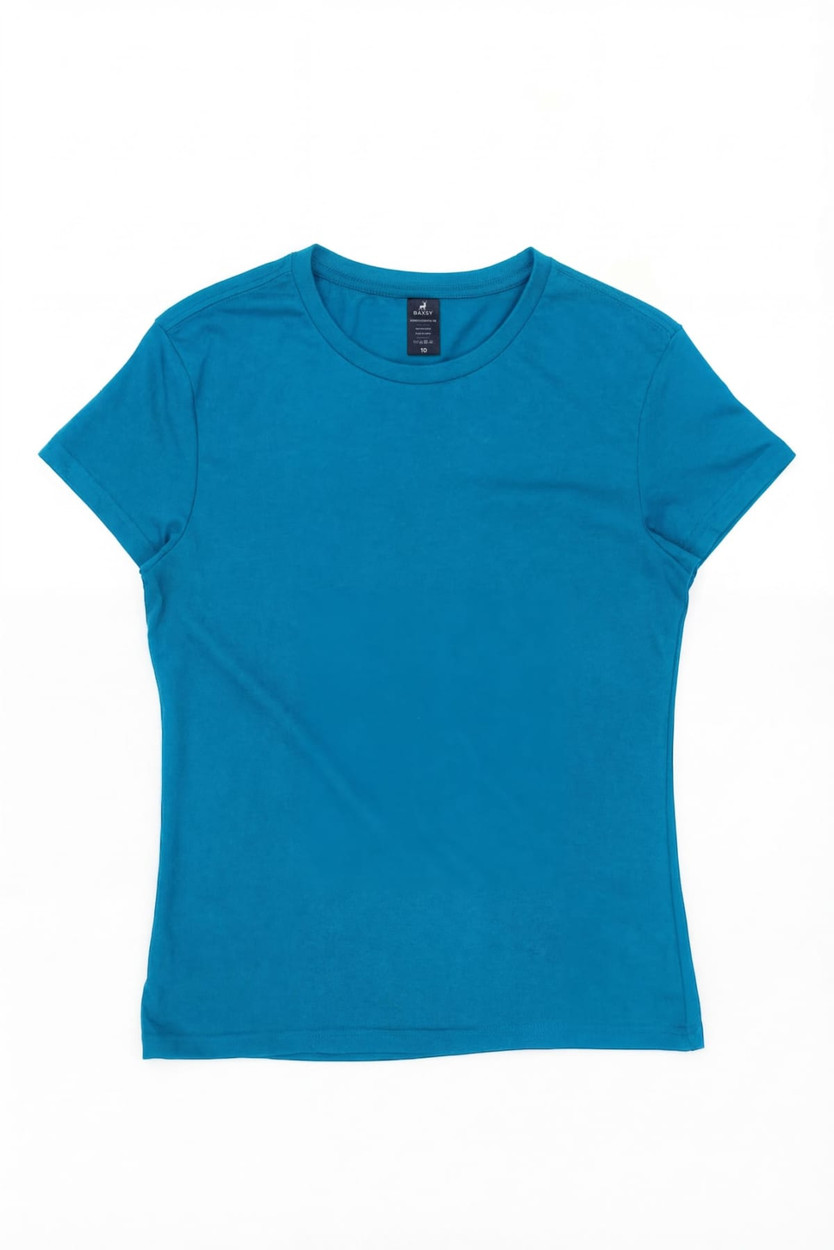 A women's essential tee in vibrant teal with a fitted design and a subtle logo on the neckline.