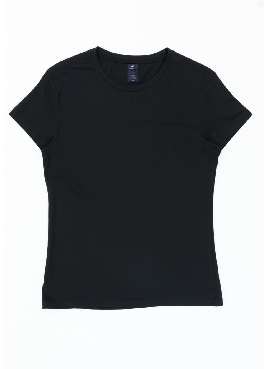 A black women's essential tee with a fitted design and short sleeves, featuring a logo on the label.