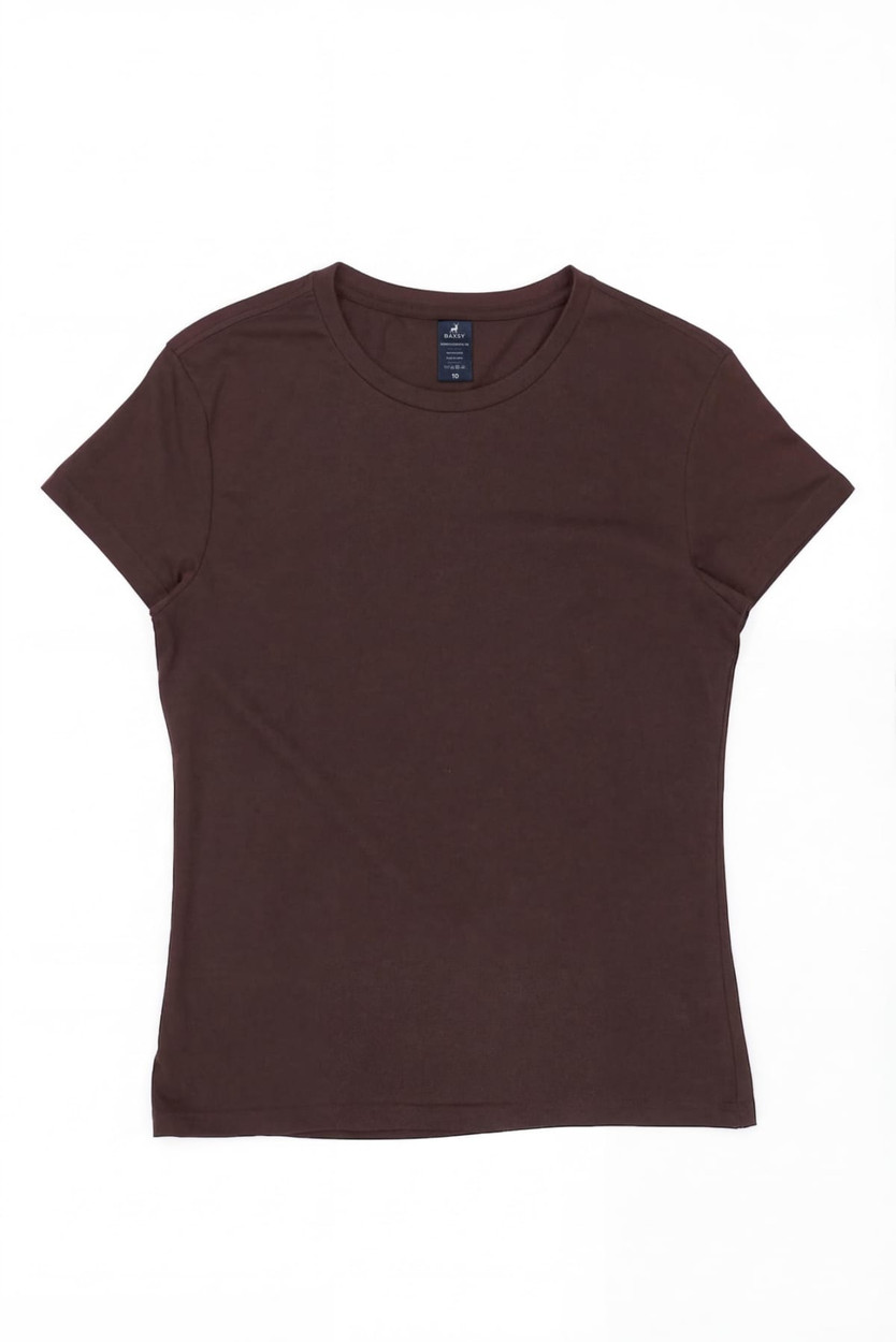 A brown women's t-shirt with a fitted style and short sleeves, featuring a small logo on the label.