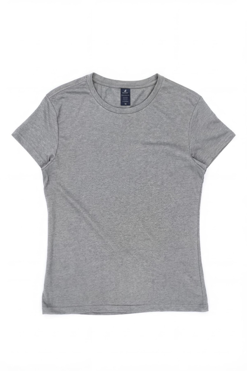 A grey women's surf tee with a fitted style and short sleeves. It features a label at the neck.