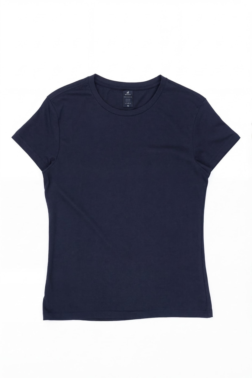 A navy women's essential tee with a fitted design and short sleeves, featuring a small logo.