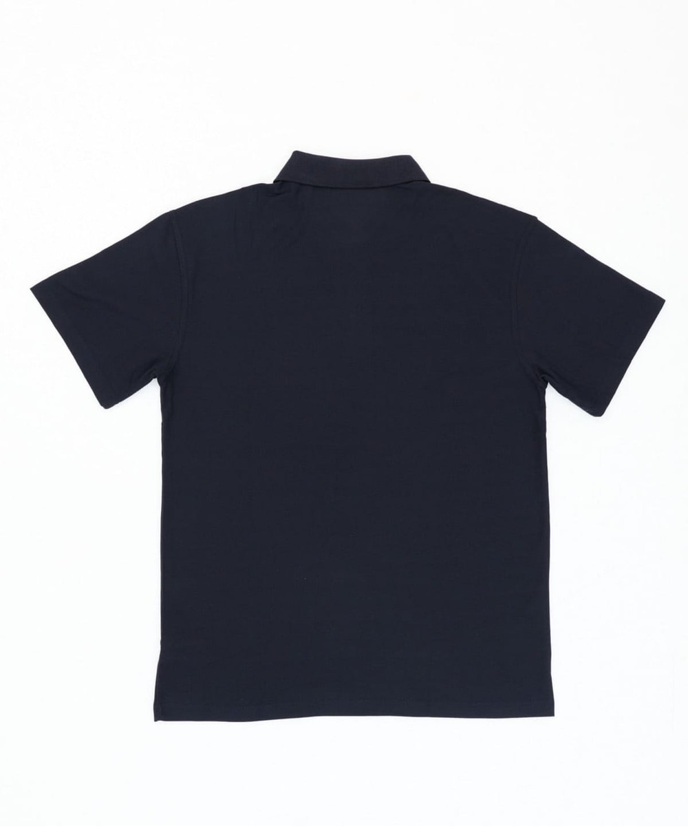 A navy blue women's polo shirt featuring a classic collar and short sleeves, with a branding logo on the back.