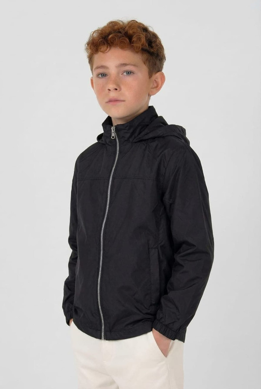 A black youth jacket with a hood and a front zipper, featuring a logo on the chest.