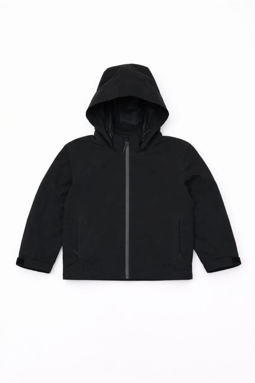 A black rain jacket with a hood, featuring a front zipper and a simple design, includes branding.