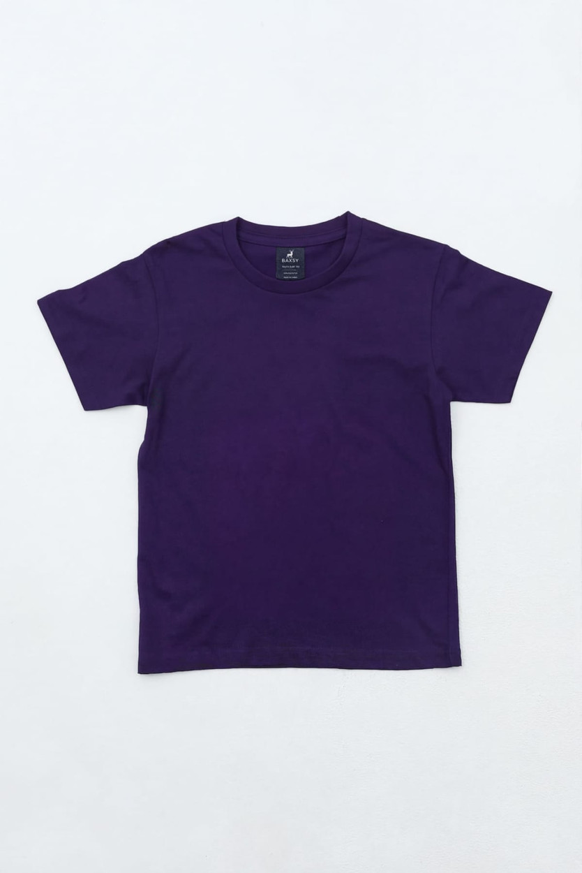 A purple youth essential tee with a classic crew neckline and short sleeves, featuring a logo inside the collar.
