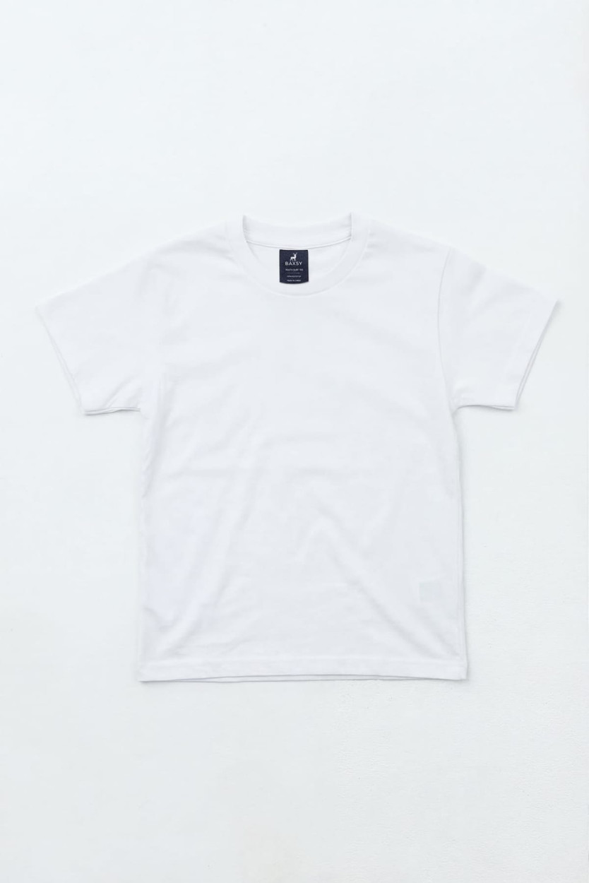 A white youth essential tee with a crew neckline and short sleeves, featuring a branded label.