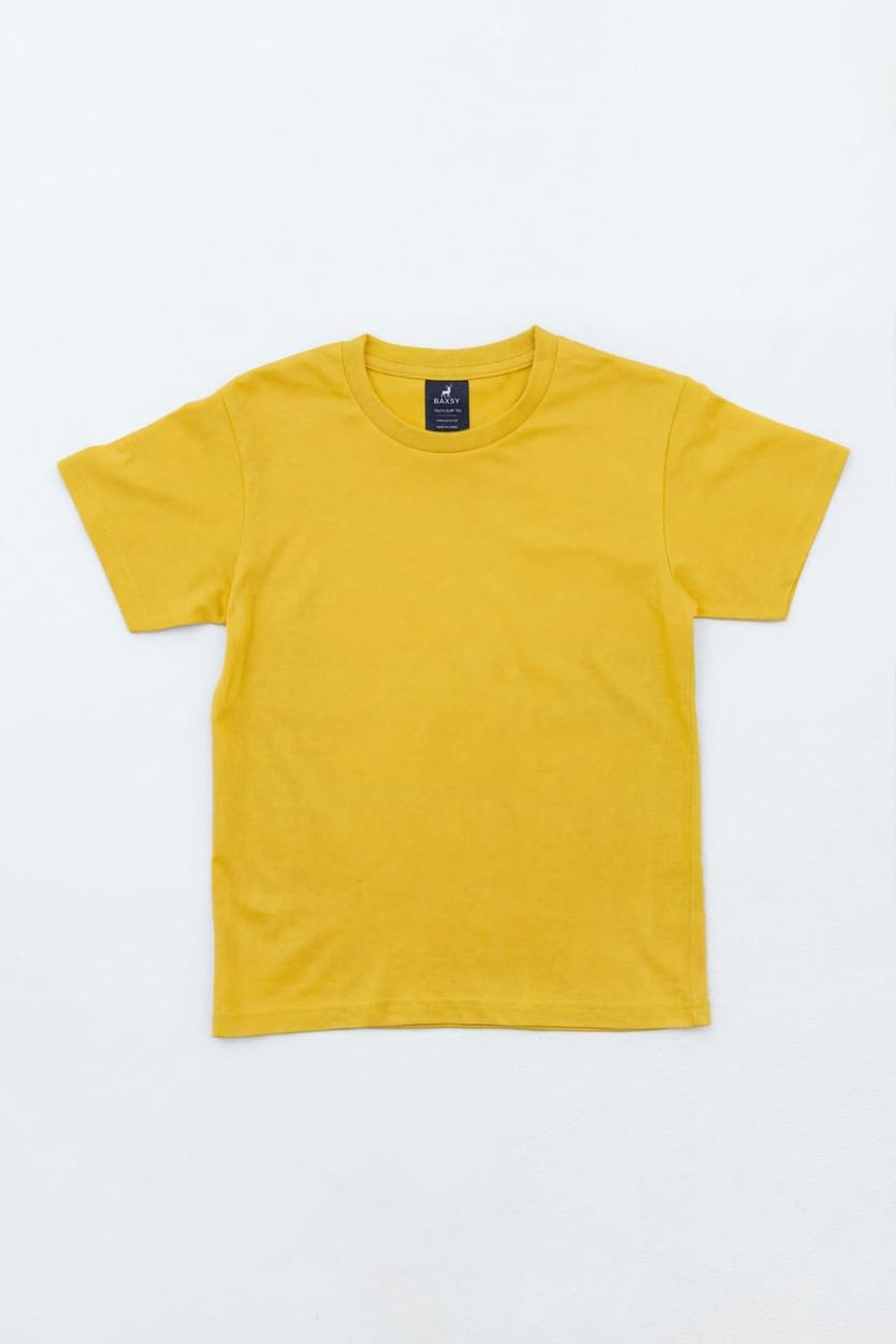 A yellow t-shirt displayed flat on a white background, featuring a label inside the neckline.
