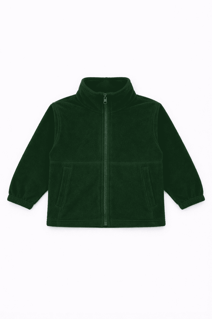 A dark green polar fleece jacket with a full zip, stand-up collar, and two side pockets. Features a logo.