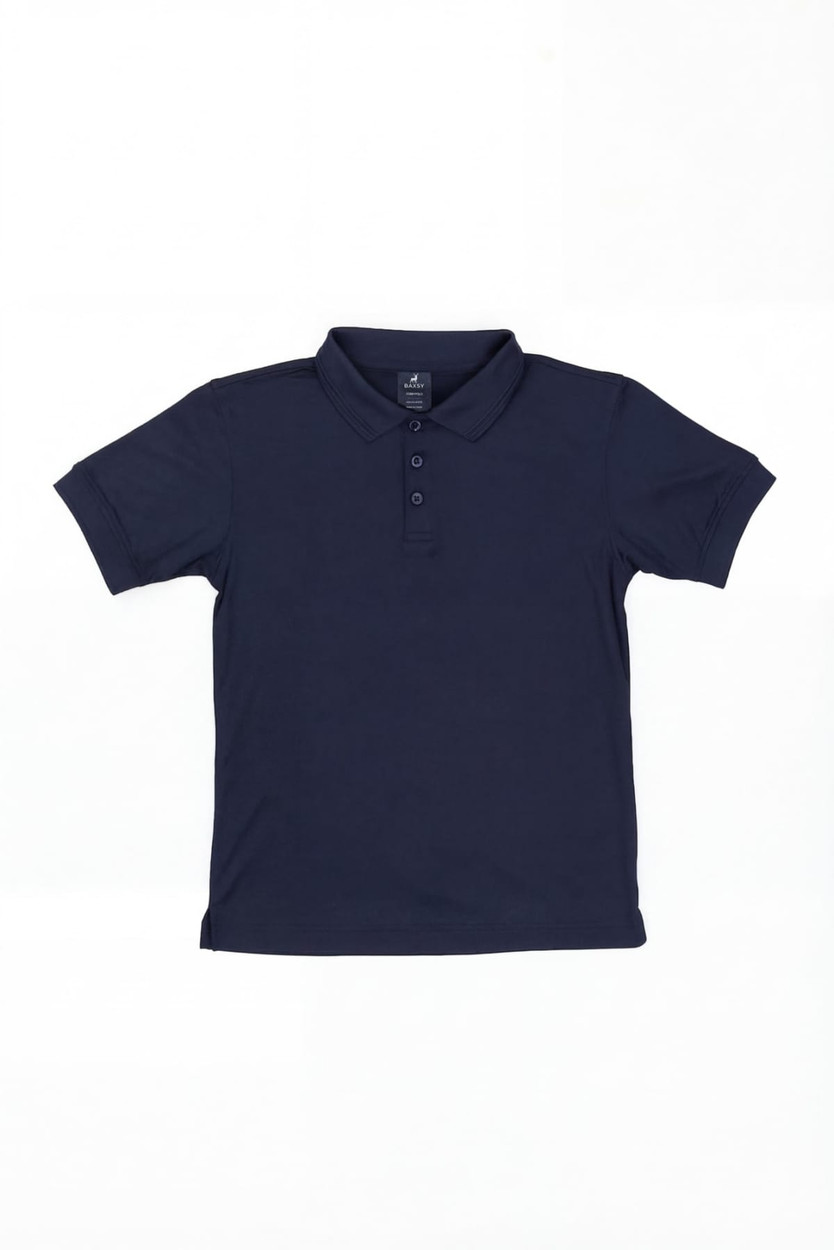 A navy blue polo shirt with a collar and a five-button placket, featuring a branded logo.