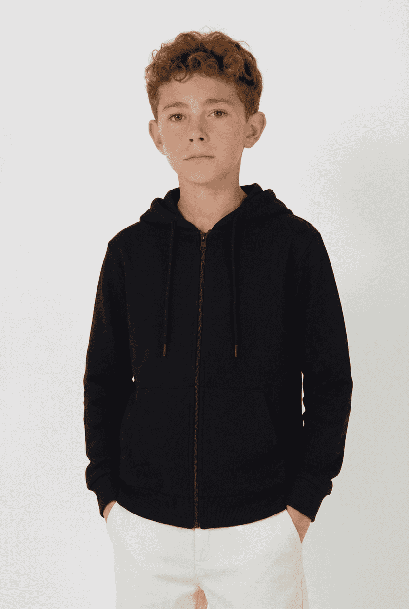 A black zip-up hoodie for youth with a kangaroo pouch, featuring a hood and drawstrings.