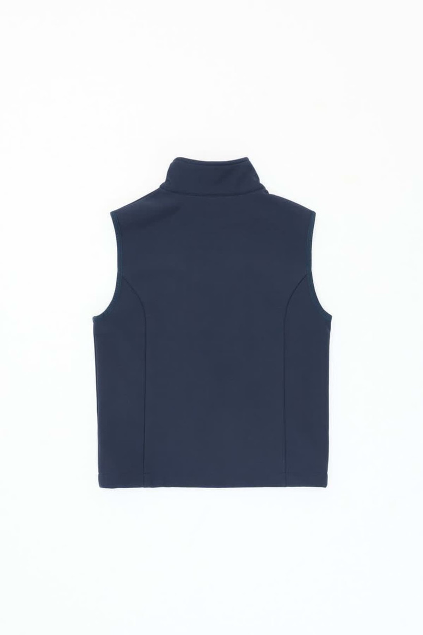 A navy softshell vest featuring a high collar and no sleeves, with a subtle branding logo.