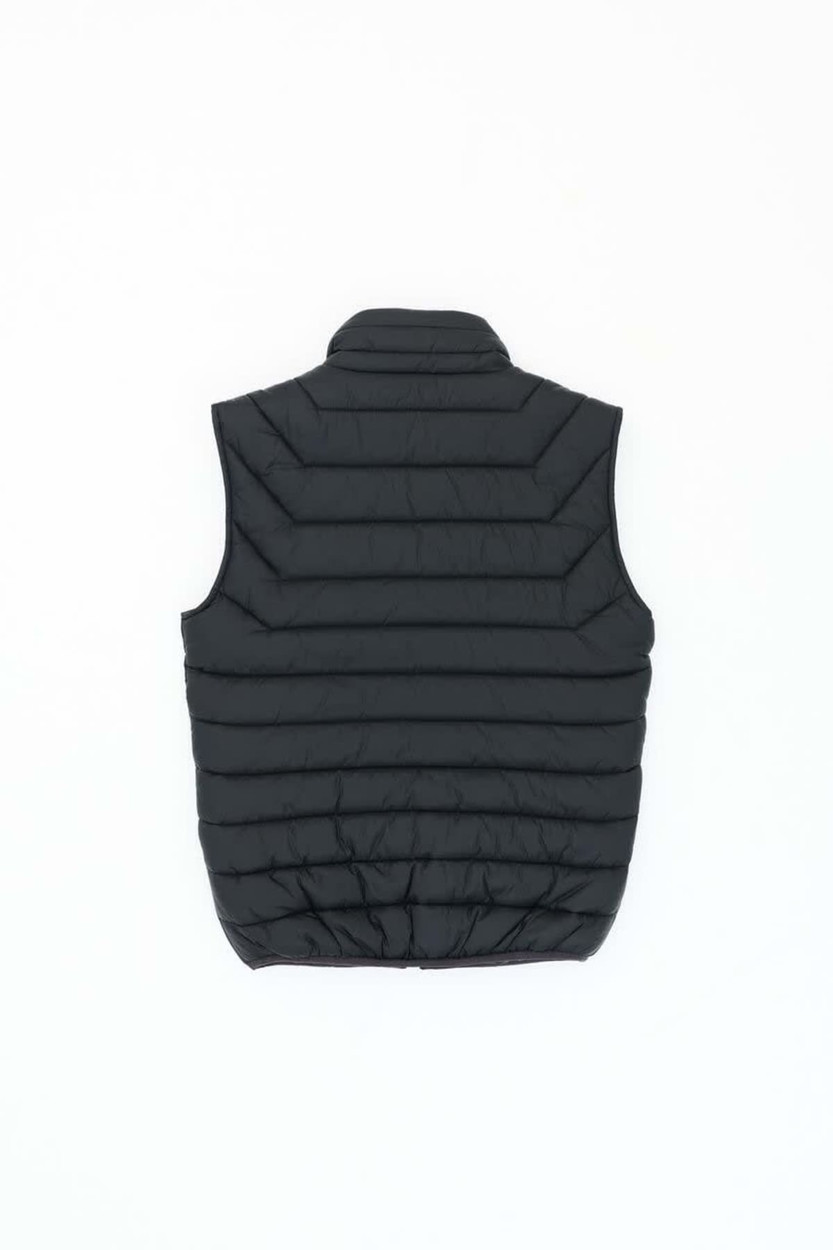 A black puffer vest with a textured, quilted design and a high collar. It has a logo on the back.