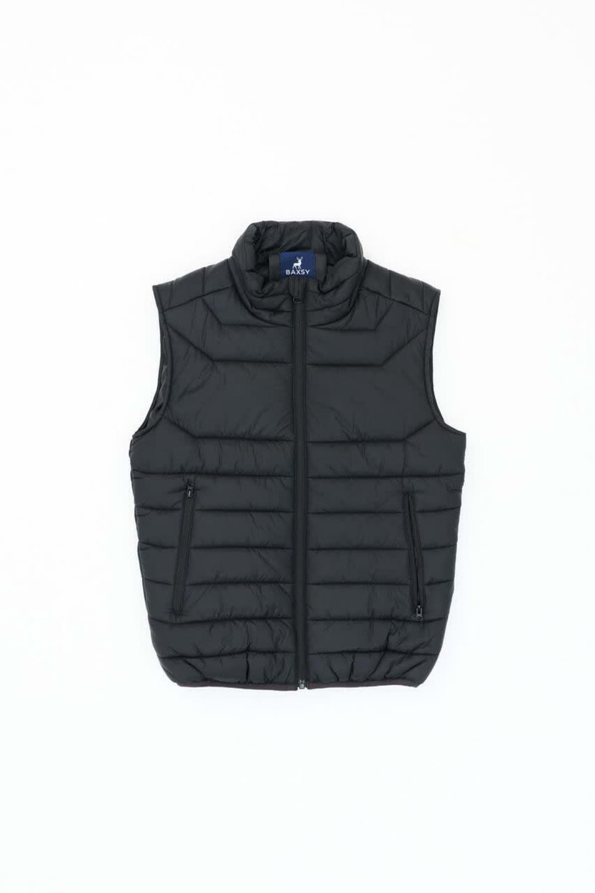 A black puffer vest featuring a high collar and zippered pockets, with a logo on the collar.
