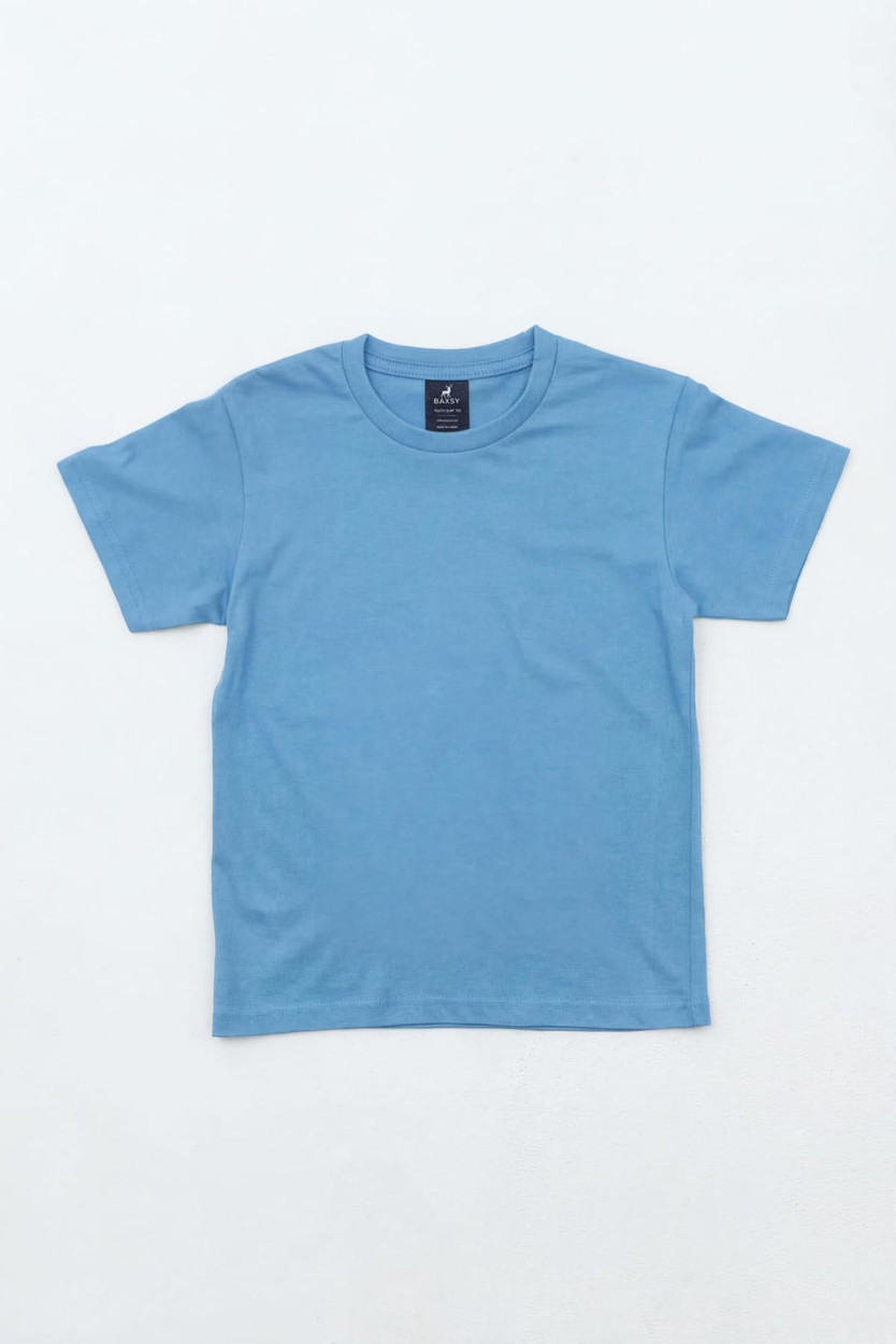 A light blue youth t-shirt with short sleeves and a round neck. The shirt features a logo.