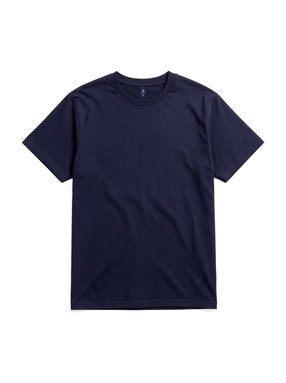 A navy blue essential tee with a classic crew neckline and short sleeves. It features a branding logo.