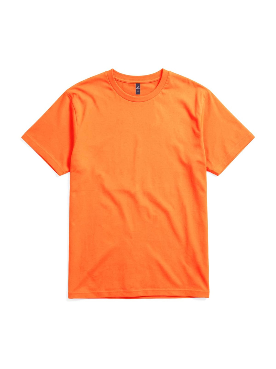 An orange T-shirt with a round neck and short sleeves, featuring a logo on the label.