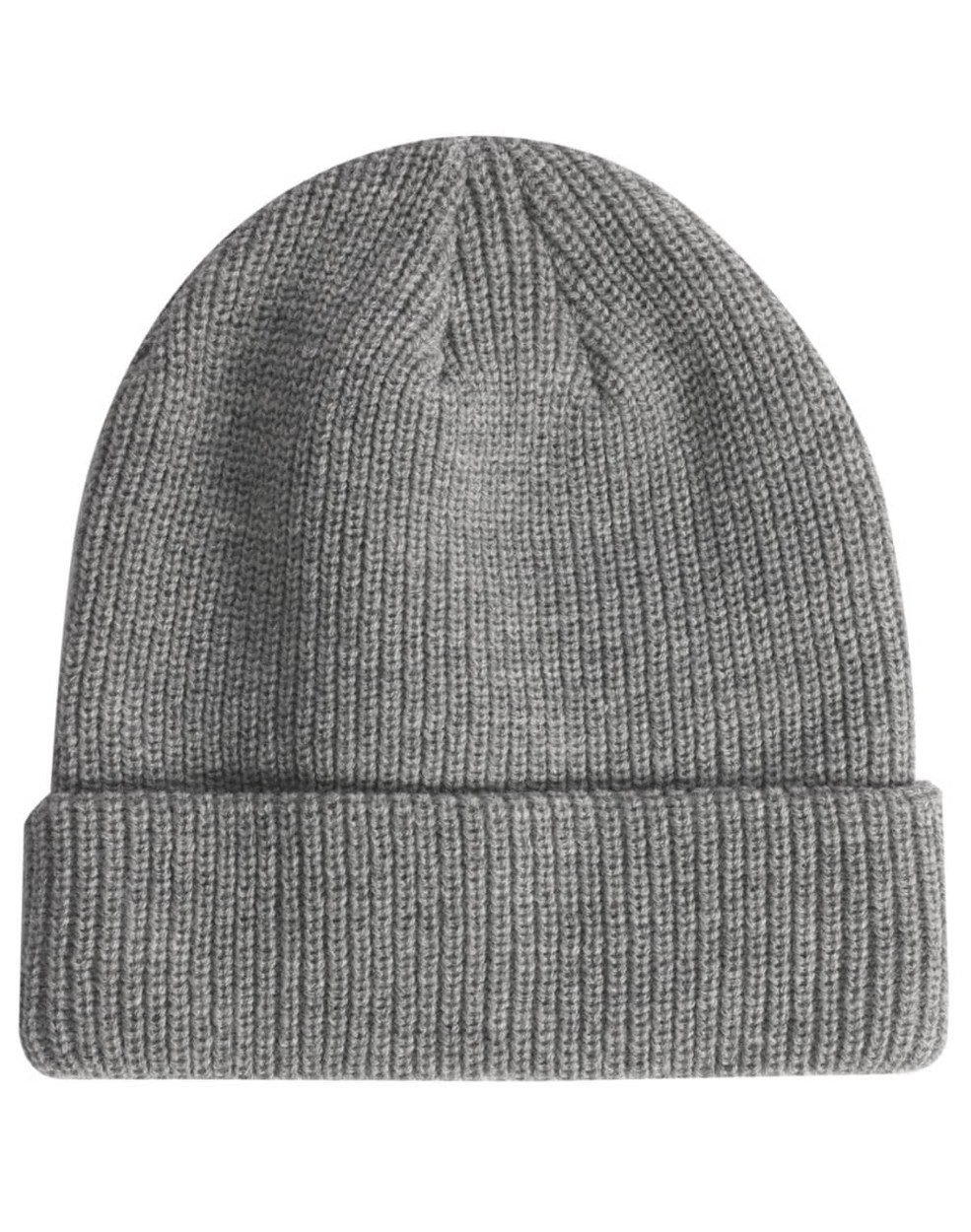 A grey cable knit snug beanie with a roll-up cuff and a small logo on the side.