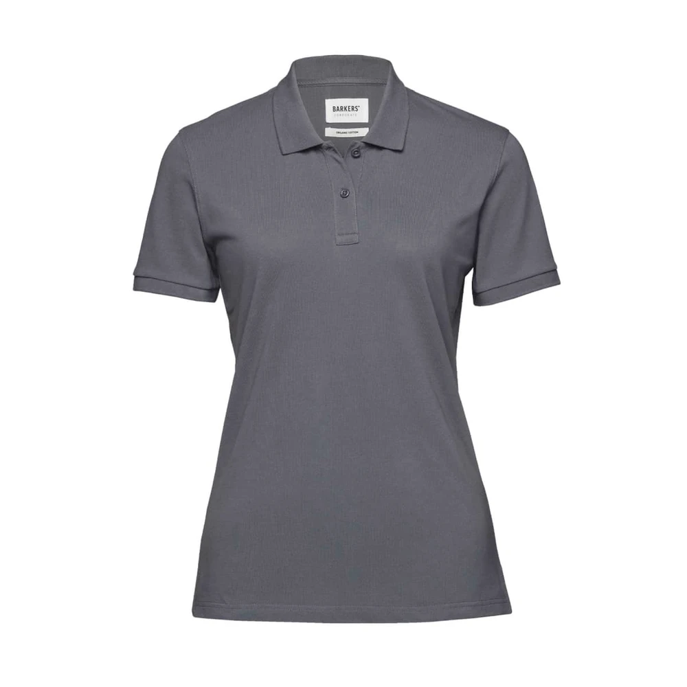 A women's polo shirt in grey with a collar, short sleeves, and a branding label on the neck.