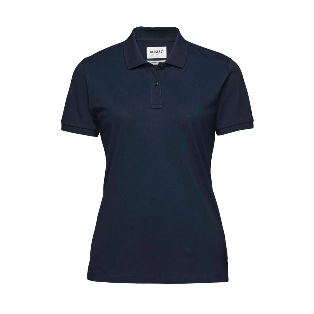 A women's polo shirt in navy blue featuring a collar and a branded logo.