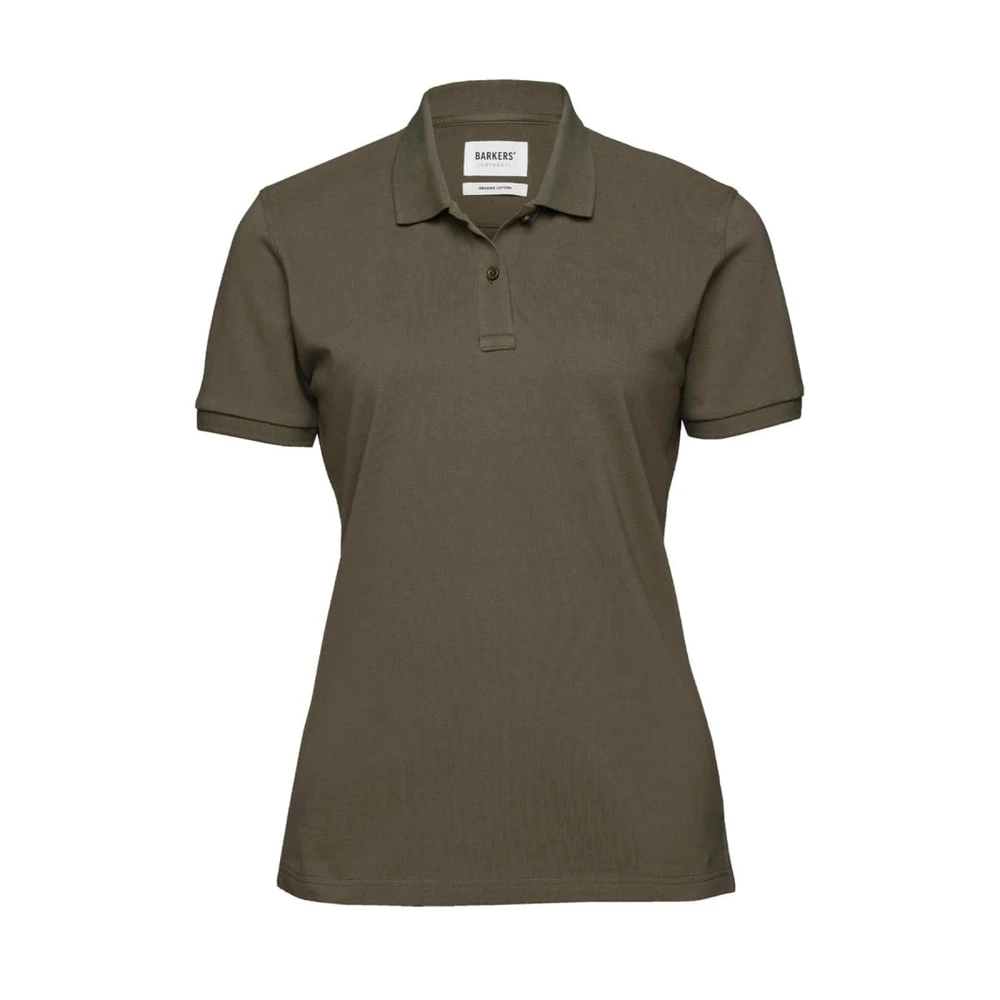 A women's polo shirt in olive green with a collar and short sleeves, featuring a logo on the neckline.
