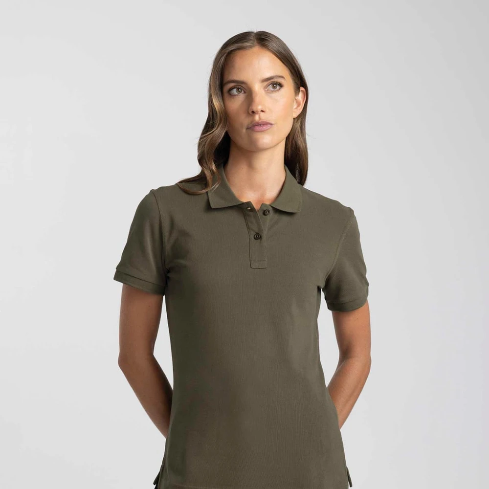A women's polo in olive green with a collar, featuring a subtle logo on the chest.