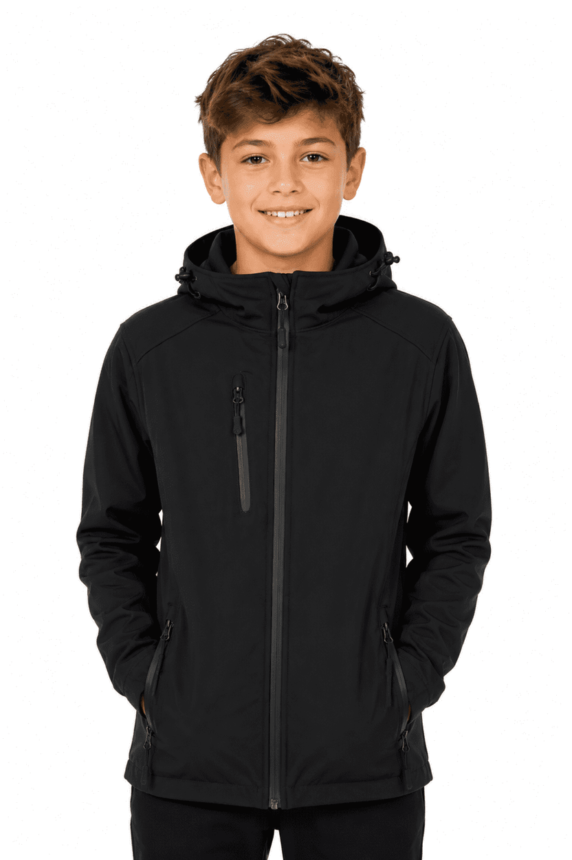A black jacket with a hood and zippered pockets, featuring a logo and fitted design for kids.