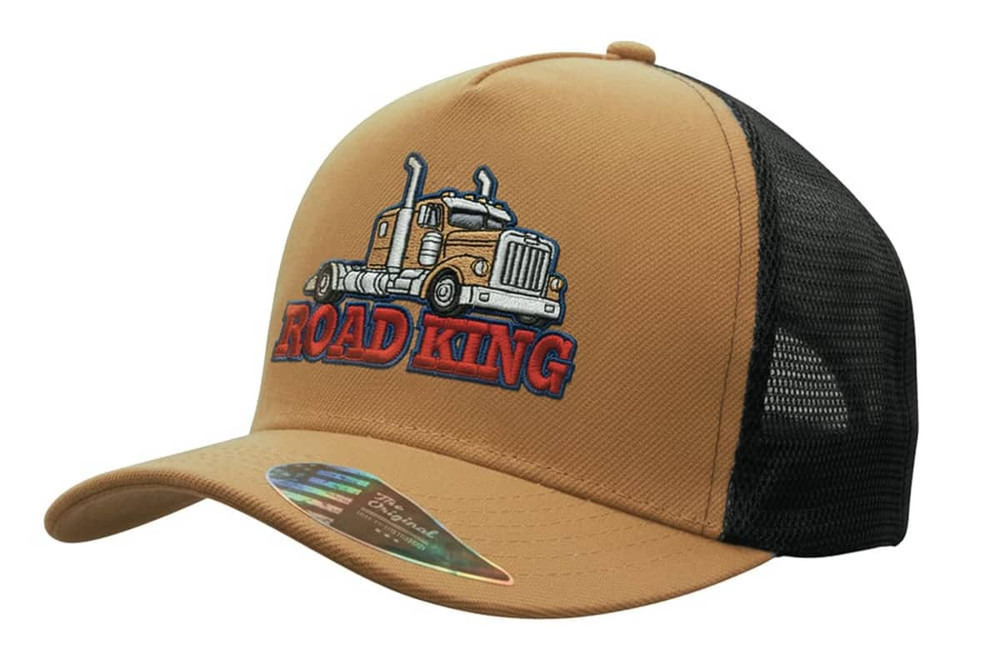 A tan trucker cap featuring a detailed graphic of a truck and a logo, complemented by a black mesh back.