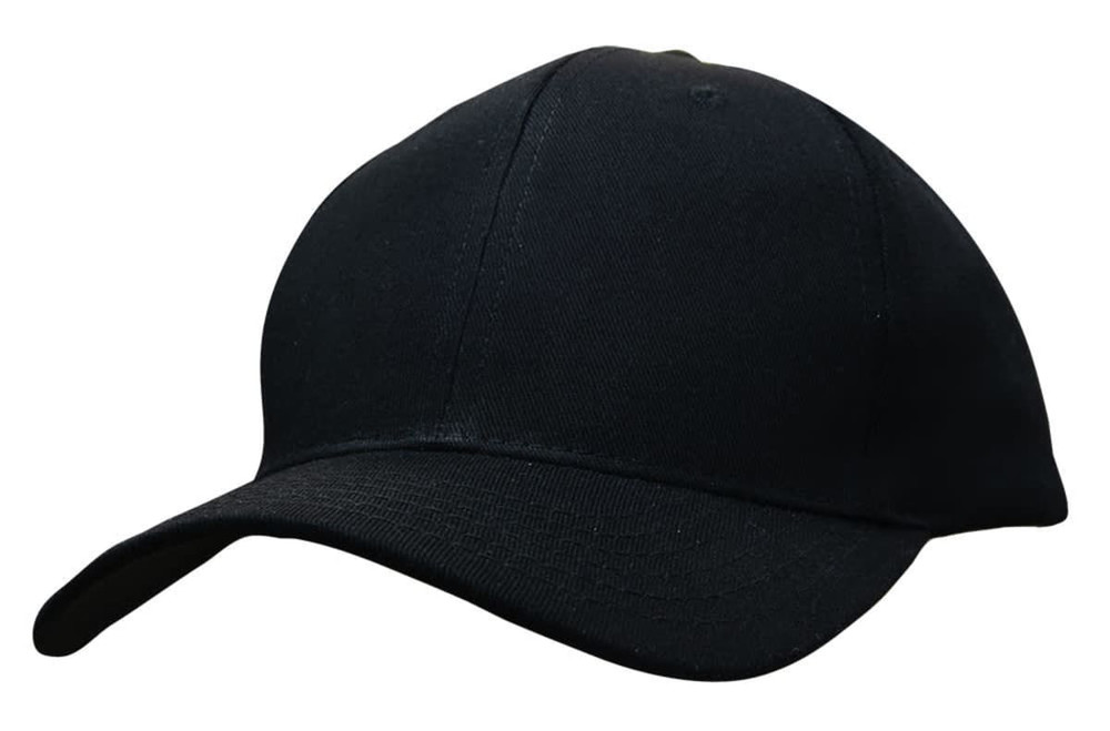 A black cotton twill cap with a buckle at the back and a structured peak. It features a logo on the front.