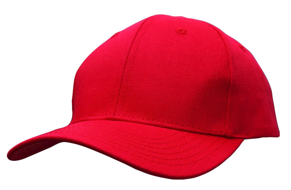 A red cotton twill cap with a buckle and a logo on the front.