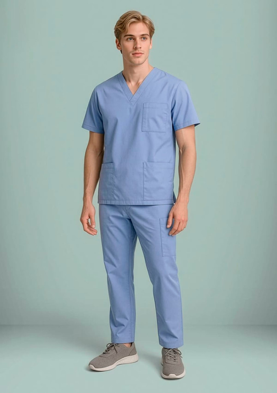 A model wearing light blue scrub cargo pants and a matching scrub top, featuring pockets and a logo.