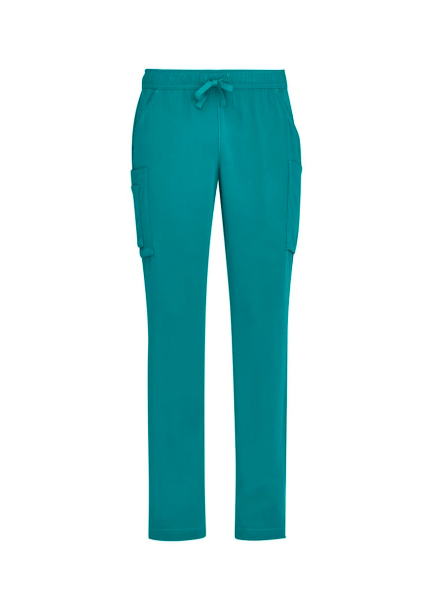 Teal straight leg scrub pants with side pockets and an adjustable drawstring waistband. Features a logo on the design.