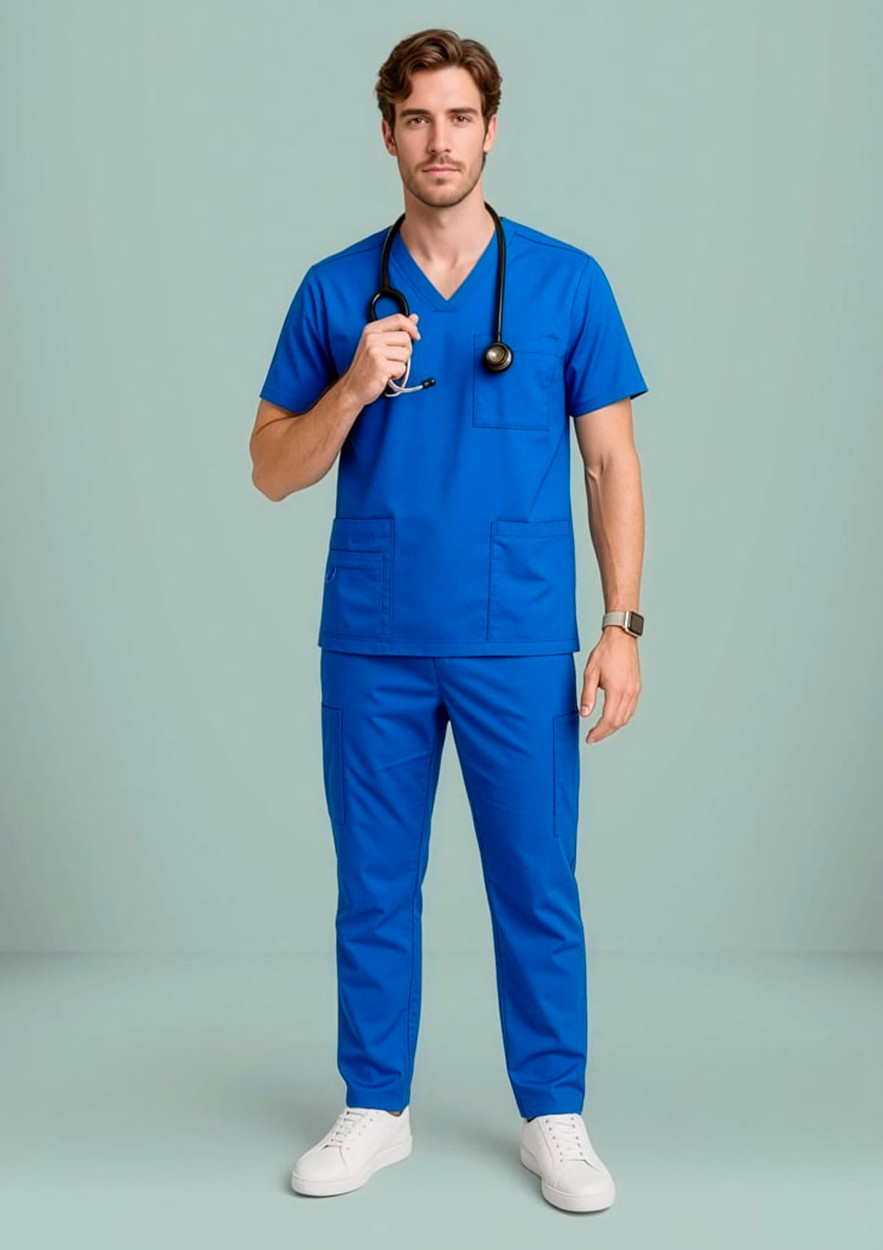 A man wearing a blue V-neck scrub top and matching trousers, holding a stethoscope, with a logo visible.