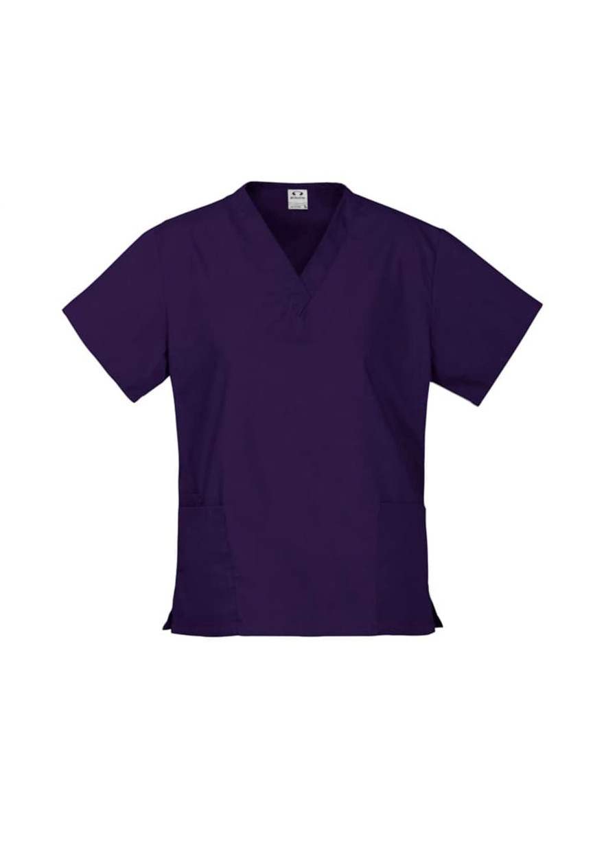 A purple scrub top with a v-neck design and short sleeves, featuring side pockets and a branding logo.