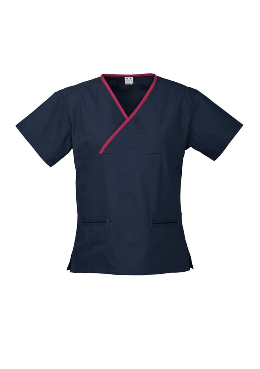 Classic women's scrub top in navy with contrast pink accents and a crossover design. Includes a logo.